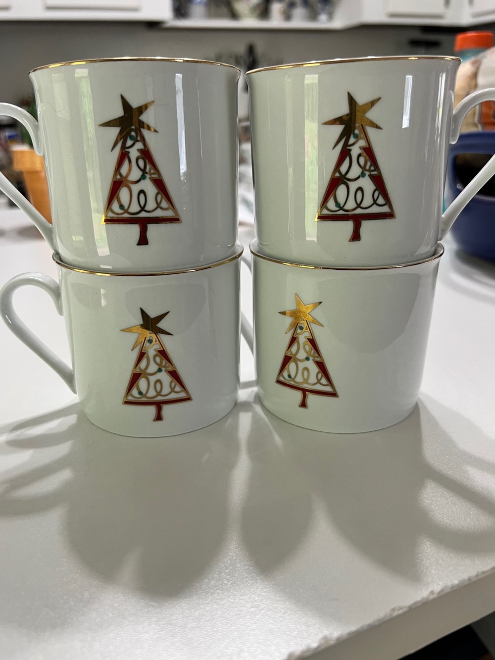 Pier 1 Christmas Tree Gold & Red Porcelain Mugs - Set of 4